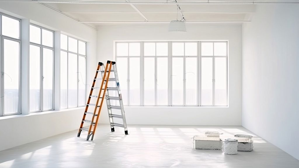 Empty room with ladder and renovation debris showing why professional cleaning after renovation is necessary