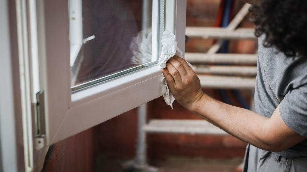 Window cleaning during post-renovation cleanup to remove construction dust, debris, and residue from a remodeled home